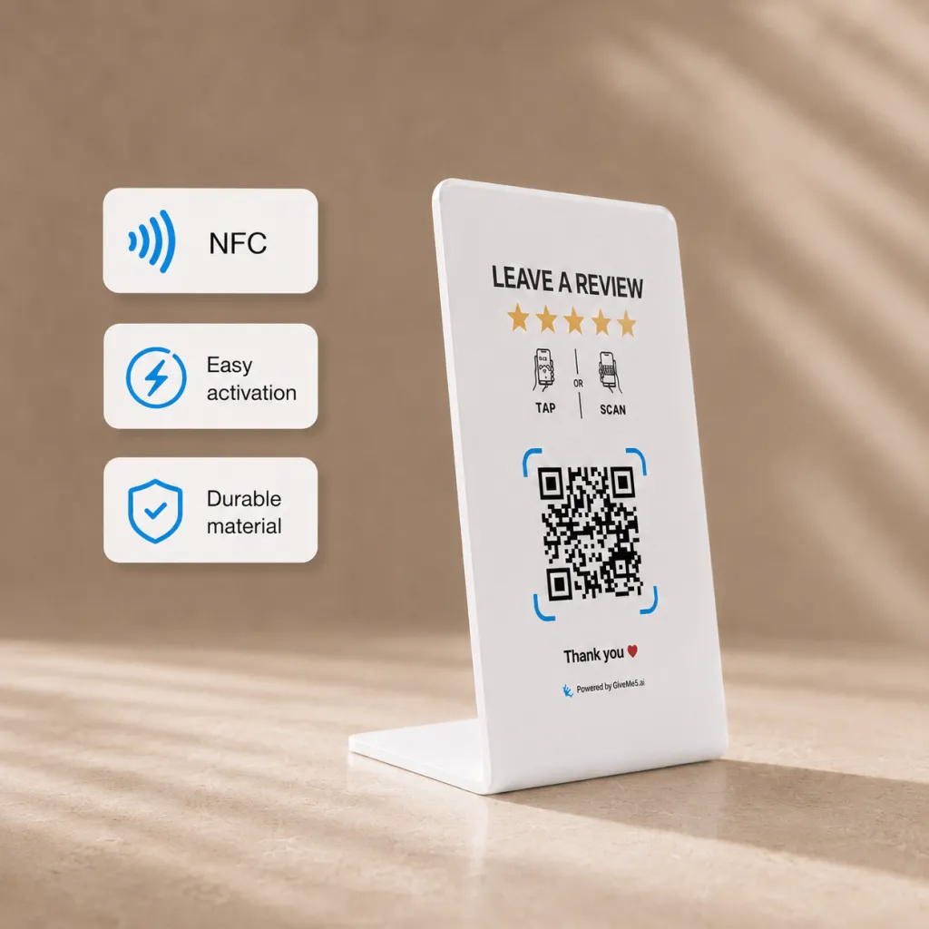 GiveMe5 Review Stand with LEAVE A REVIEW QR code, tap or scan icons, and NFC, easy activation, and durable material badges