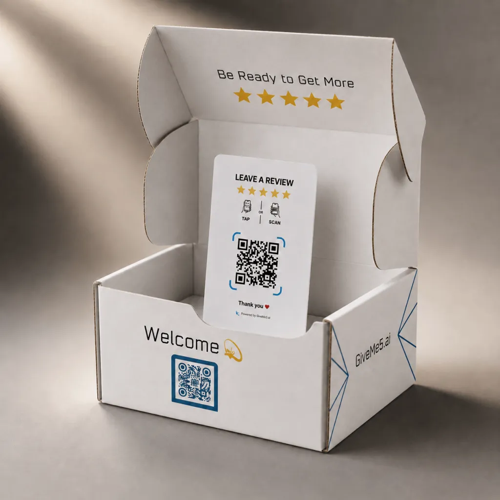 GiveMe5 Review card in a welcome unboxing kit