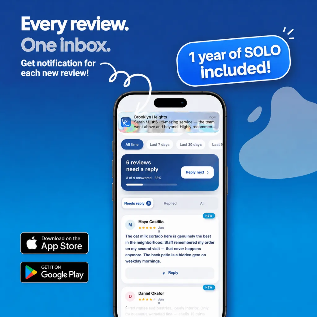 GiveMe5 app graphic: every review in one inbox, with a new review notification and a 1 year of SOLO included badge