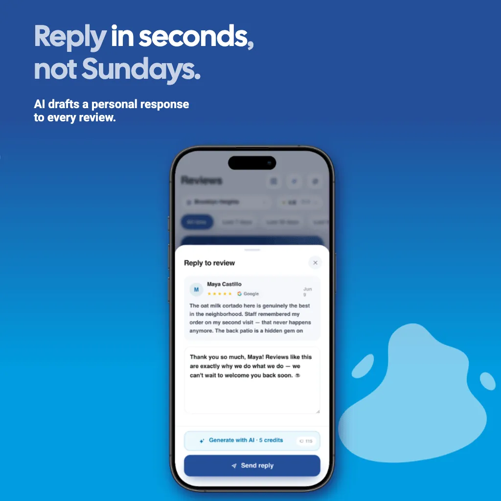 GiveMe5 app graphic: reply in seconds, not Sundays. AI drafts a personal response to every review