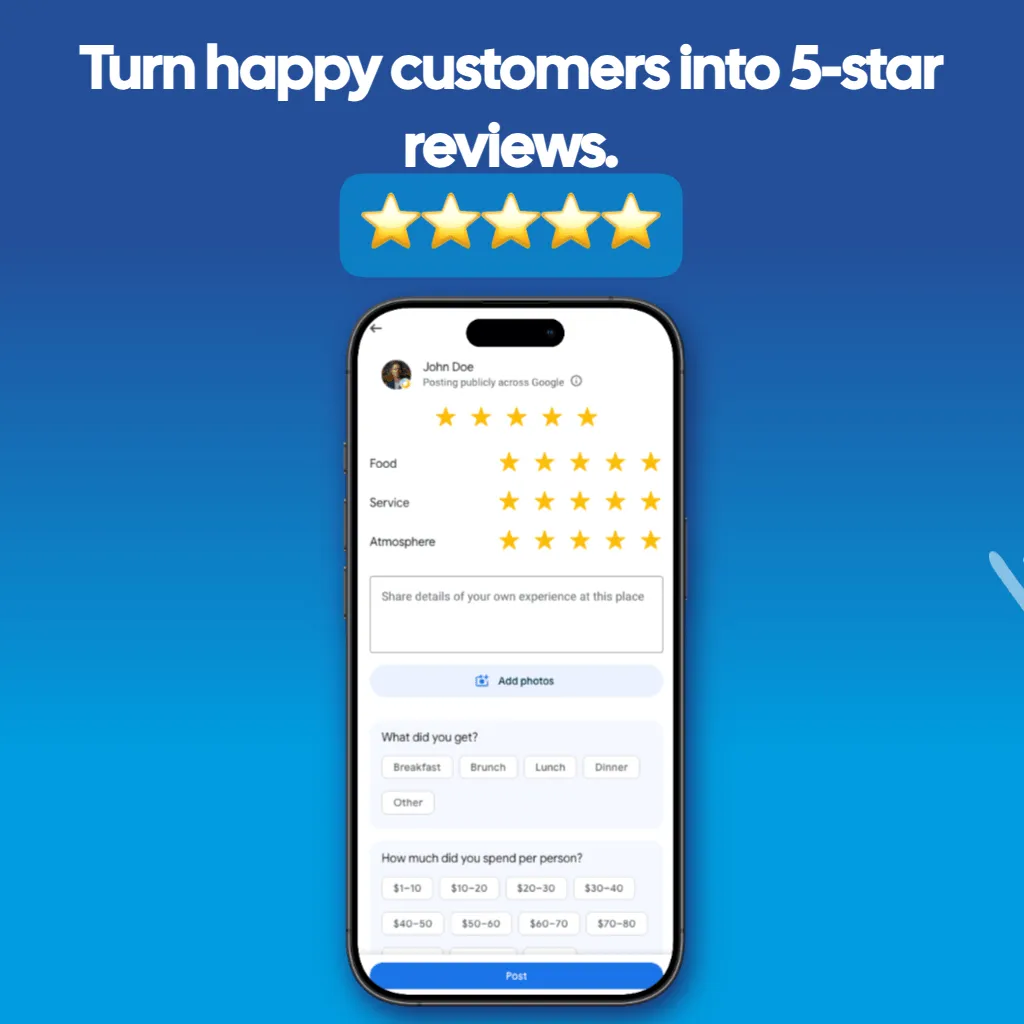 GiveMe5 app graphic: turn happy customers into 5-star reviews, showing a Google review form