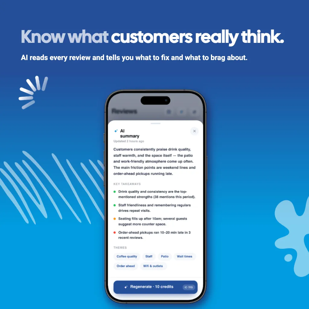 GiveMe5 app graphic: know what customers really think. AI reads every review and summarizes key takeaways