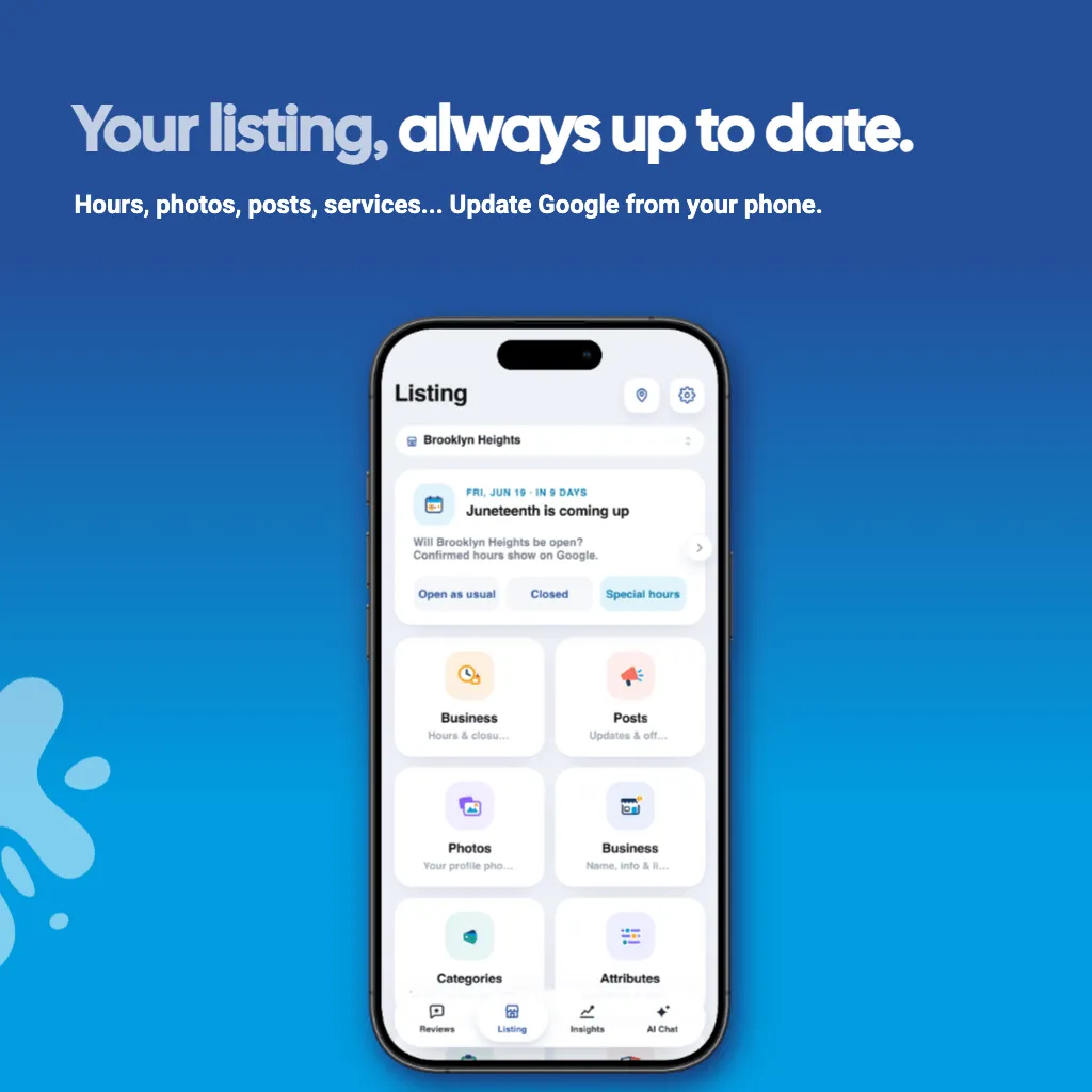 GiveMe5 app graphic: your listing, always up to date. Update Google hours, photos, posts, and services from your phone