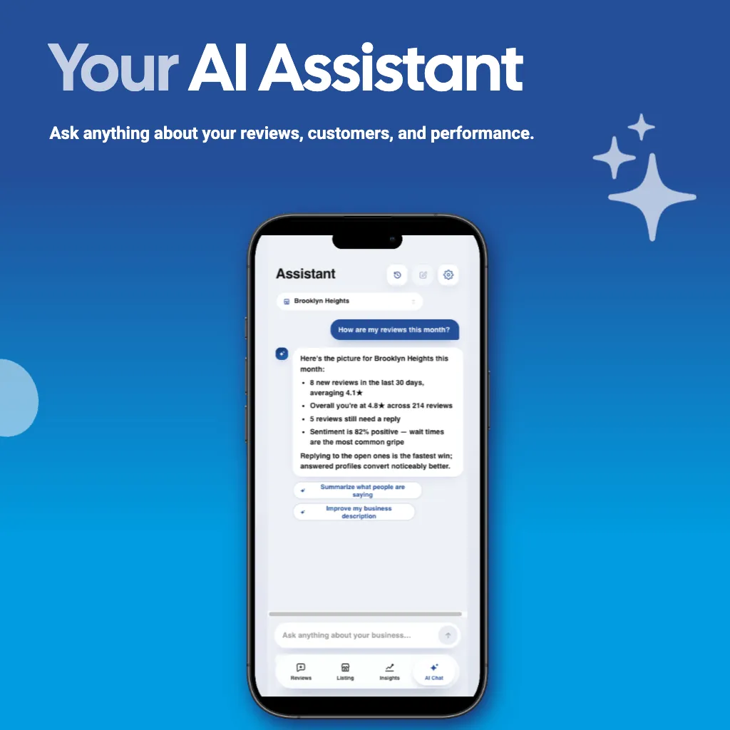 GiveMe5 app graphic: your AI Assistant answers questions about your reviews, customers, and performance