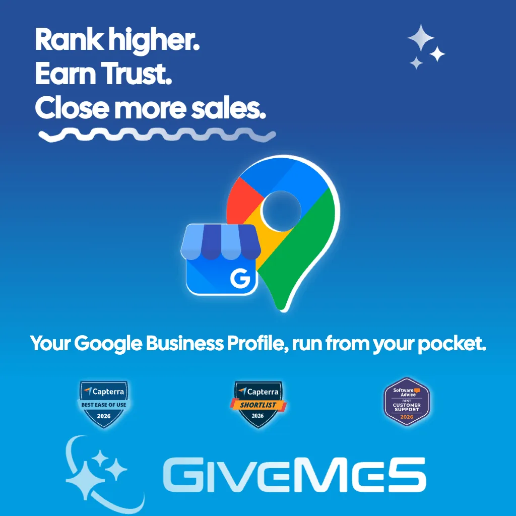 GiveMe5 graphic: rank higher, earn trust, close more sales. Your Google Business Profile, run from your pocket
