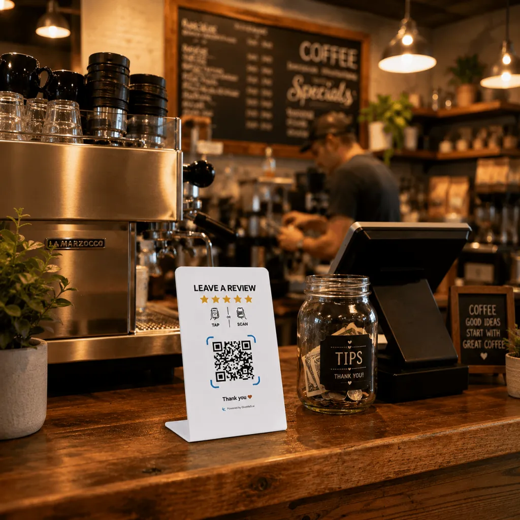 GiveMe5 Review Stand at a coffee shop