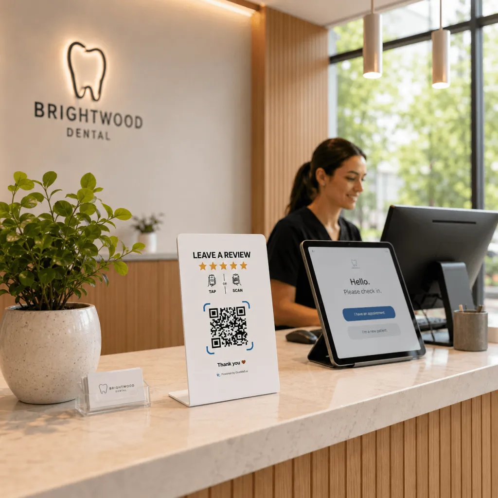 GiveMe5 Review Stand at a dental office