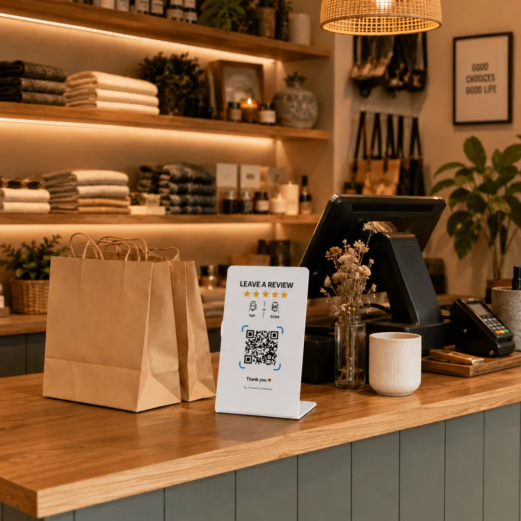 GiveMe5 Review Stand at a gift shop