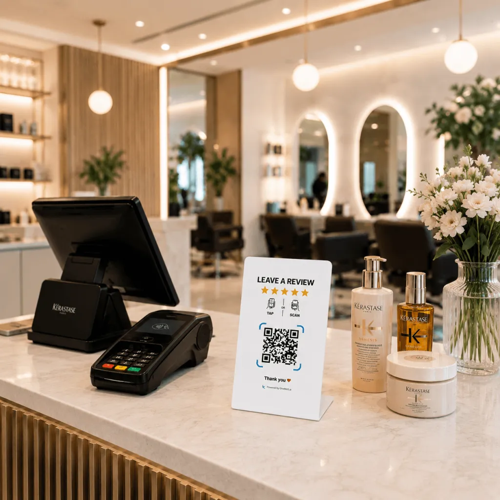 GiveMe5 Review Stand at a hair salon