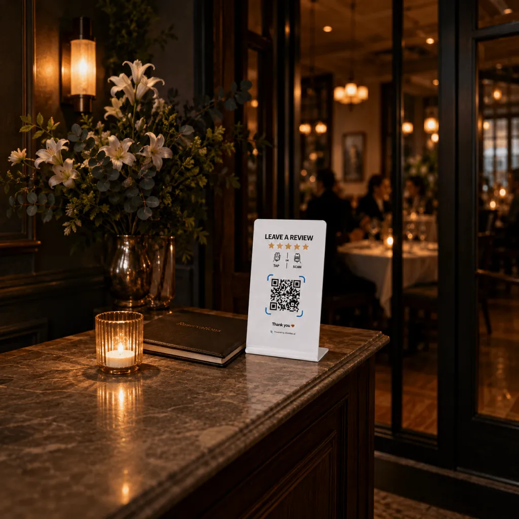 GiveMe5 Review Stand at a restaurant